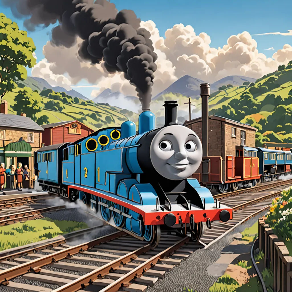 a thomas the train cartoon is on the tracks with people watching it from the other side of the track, sots art, a detailed matte painting, Donald Roller Wilson, official art