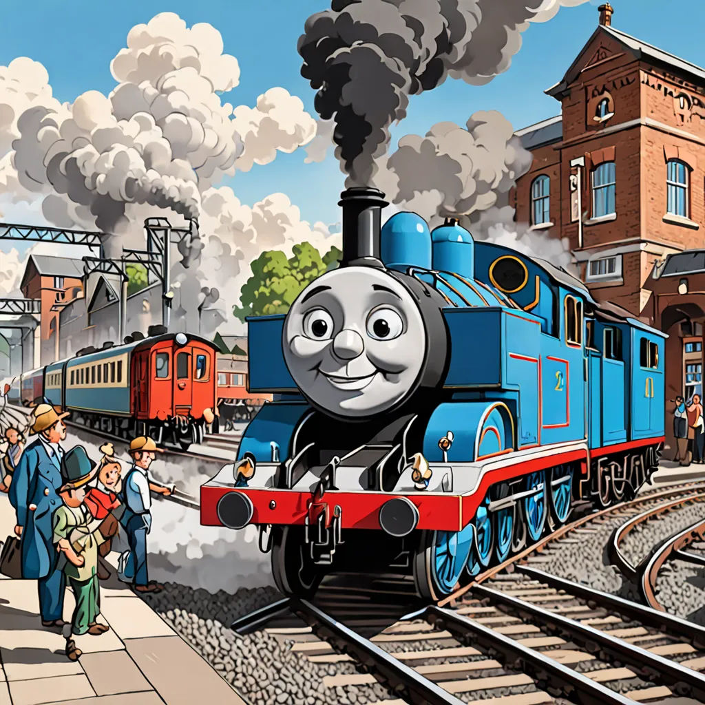 a cartoon train with a man standing next to it on the tracks with people watching it on the other side, sots art, a digital rendering, Donald Roller Wilson, official art