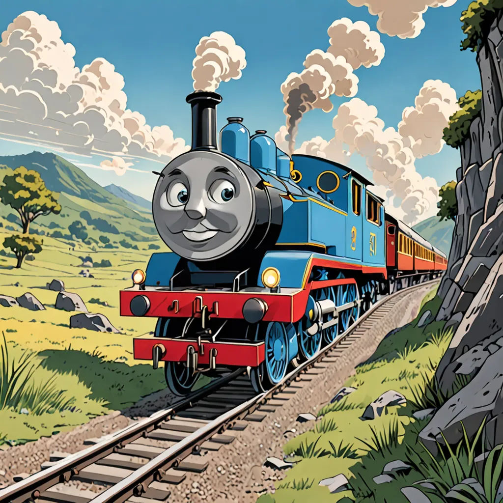 a cartoon train with a face on the front of it on a track near a tree and a rock, sots art, a digital rendering, Cliff Childs, official art