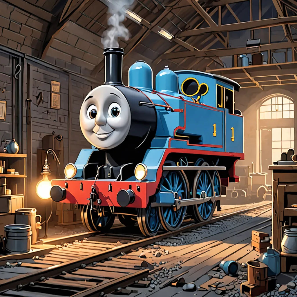 a thomas the train is on the tracks in a train station with a man standing next to it and a woman standing next to it, sots art, concept art, Donald Roller Wilson, official art