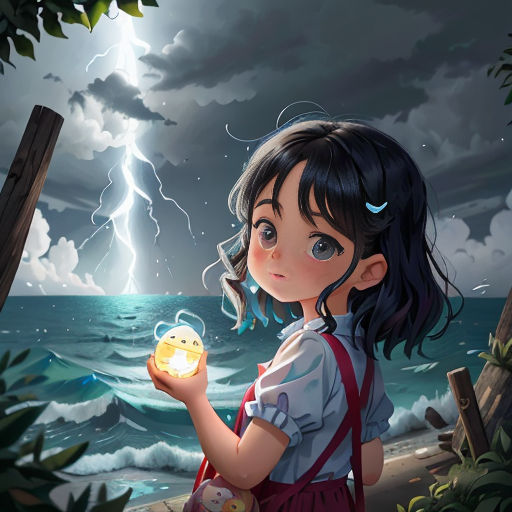 a girl holding a glass of liquid in her hand near the ocean with a lightning in the background and a storm coming