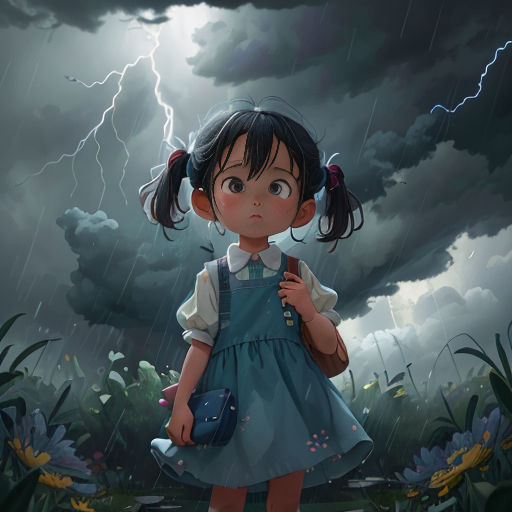 a girl in a blue dress standing in a field under a storm with a blue purse and a blue purse
