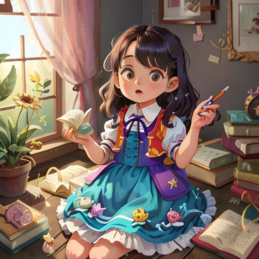 a little girl sitting on a table with a pen and a book in her hand and a potted plant in the background