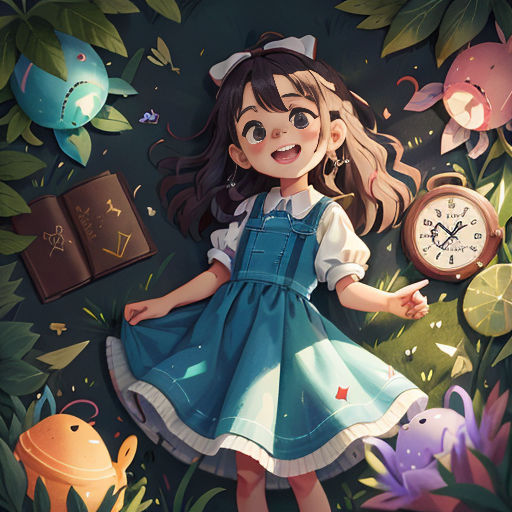a girl in a blue dress standing in front of a clock and a book with a fish on it