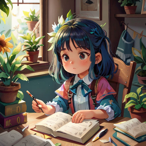 a girl sitting at a table with a book and pen in her hand and a sunflower in the background