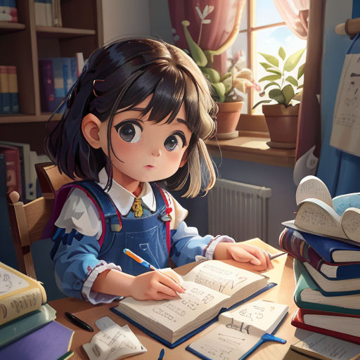 a girl sitting at a table with a book and pen in her hand and a stack of books behind her