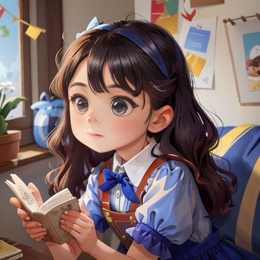 a girl reading a book in a room with a plant and a window behind her, with a blue ribbon on the headband