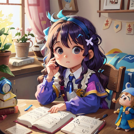 a girl sitting at a table with a book and a doll next to her, reading a book and looking at the camera