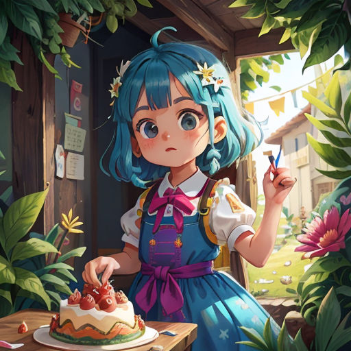 a girl in a blue dress is cutting a cake with a knife and fork in front of her and a flower bush behind her