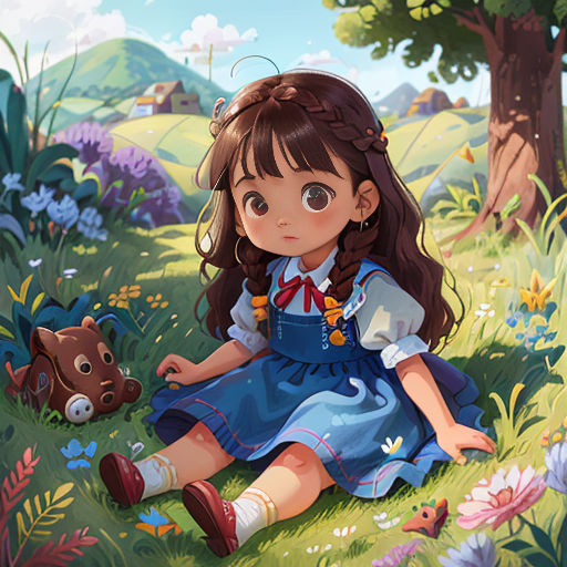a little girl sitting in the grass next to a teddy bear and a bear toy in the background of a field