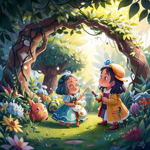 a painting of two children in a forest with flowers and trees around them, one of them is holding a stick