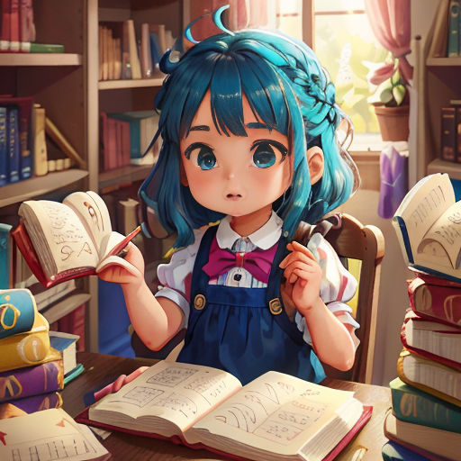 a girl with blue hair sitting at a table with books and a book in her hand and a book in her other hand