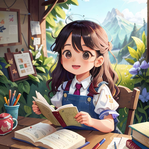 a girl sitting at a table with a book and pencils in her hand and a cup of tea in front of her