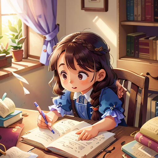 a girl sitting at a table with a book and pen in her hand and a book on the table