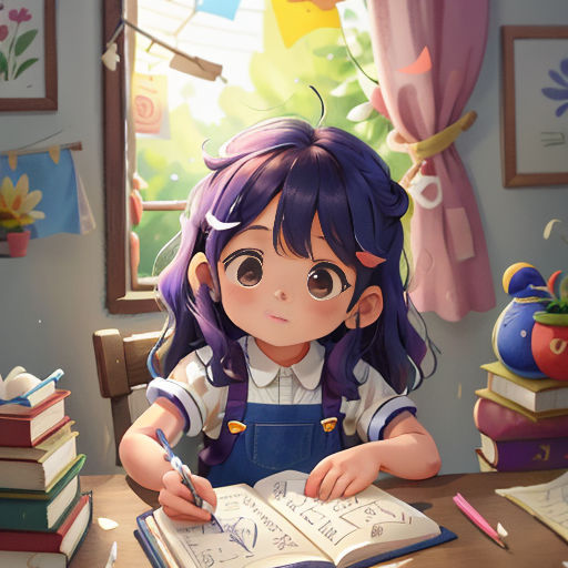 a girl sitting at a desk with a book and pen in her hand and a window in the background
