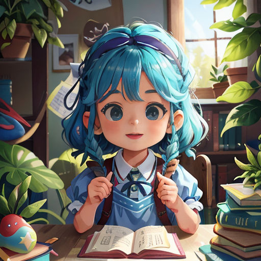 a girl with blue hair sitting at a table with books and a book bag on it's shoulder