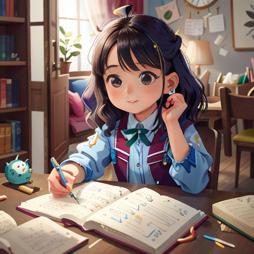 a girl sitting at a table with a book and pen in her hand and a book open to her side