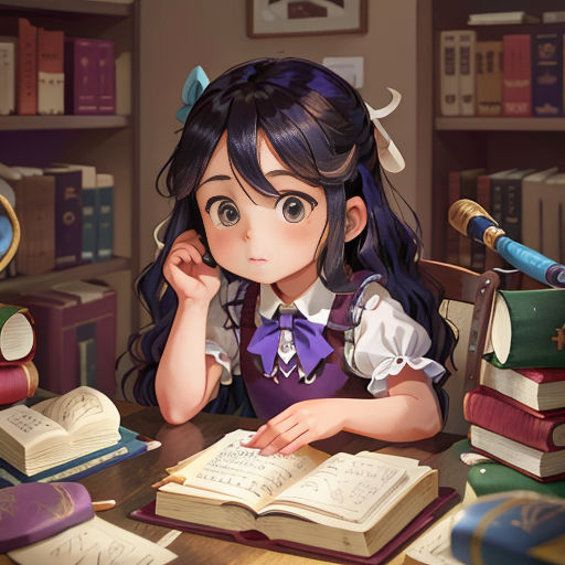 a girl sitting at a table with books and a magnifying glass in front of her face, reading a book
