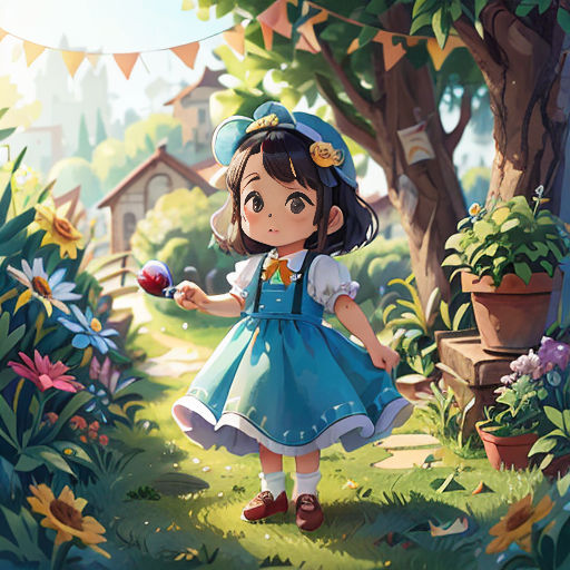 a little girl in a blue dress holding an apple in a garden with a house in the background and bunting flags