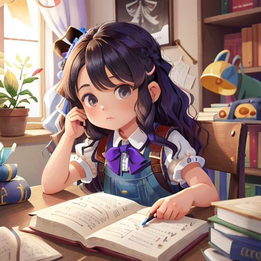 a girl sitting at a desk with a book and pen in her hand and a book in front of her