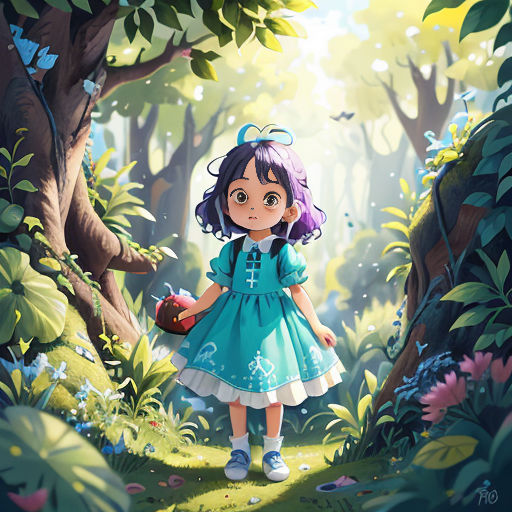 a girl in a blue dress standing in a forest with a red apple in her hand and a butterfly in her hand