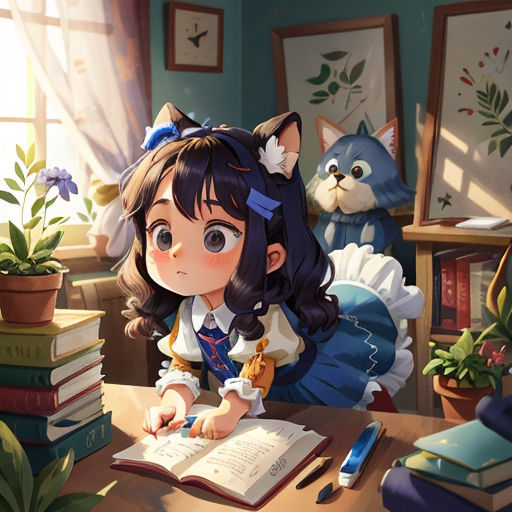 a girl sitting at a desk with a book and a cat on the wall behind her and a cat on the desk