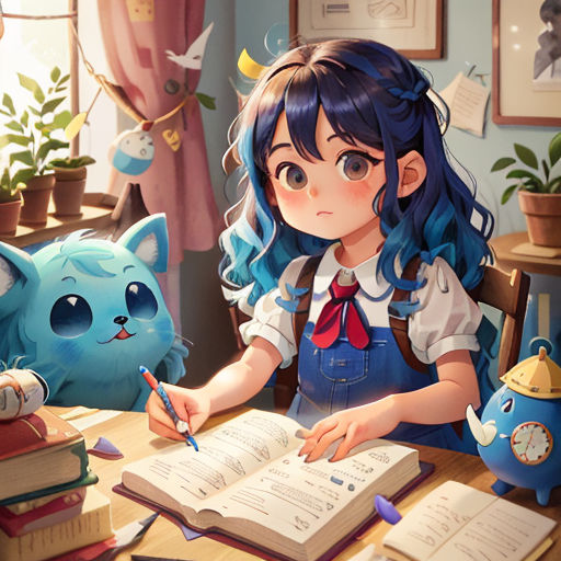 a girl sitting at a desk with a book and a cat next to her and a cat behind her