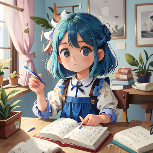 a girl sitting at a table with an open book and a pen in her hand and a plant in the background