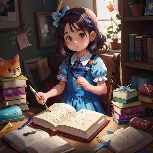 a girl is sitting at a table with books and a cat on it, and a cat is standing behind her