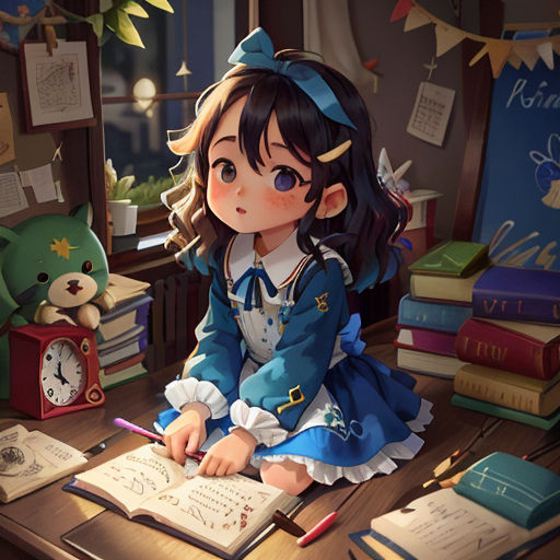a little girl sitting at a desk with a book and a teddy bear next to her on a desk