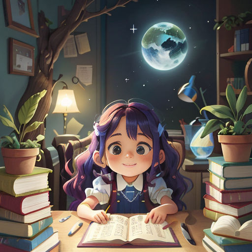 a girl sitting at a desk with a book and a pen in front of her and a full moon in the background