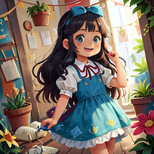 a girl in a blue dress holding a book and a flower pot in a room with a potted plant