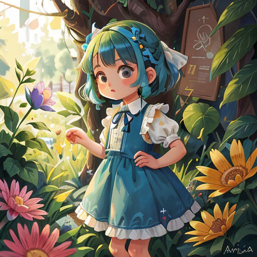 a girl in a blue dress standing in a field of flowers with a sign in the background that says,