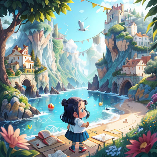 a girl standing on a dock looking at a river and a bird flying over it with a castle in the background