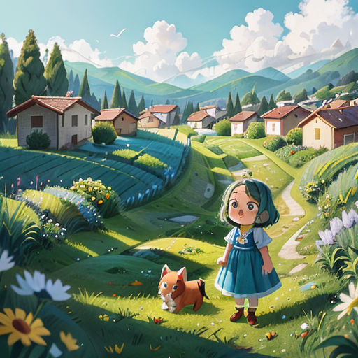 a girl in a blue dress is walking in a field with a dog and houses in the background and a mountain range in the distance