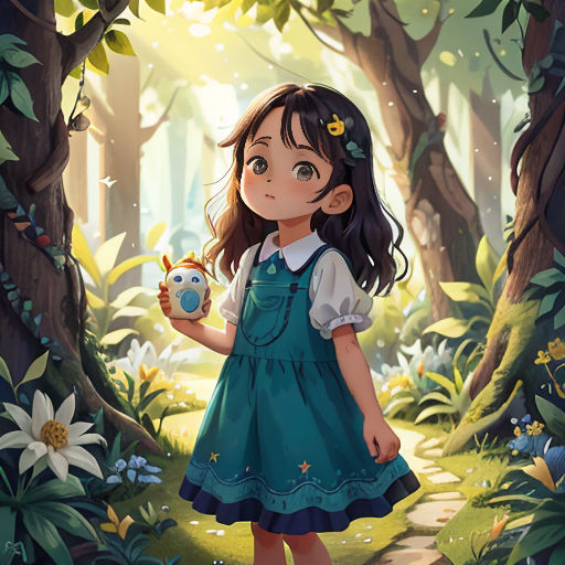 a girl in a forest holding a teapot in her hand and looking at the ground with a butterfly on it