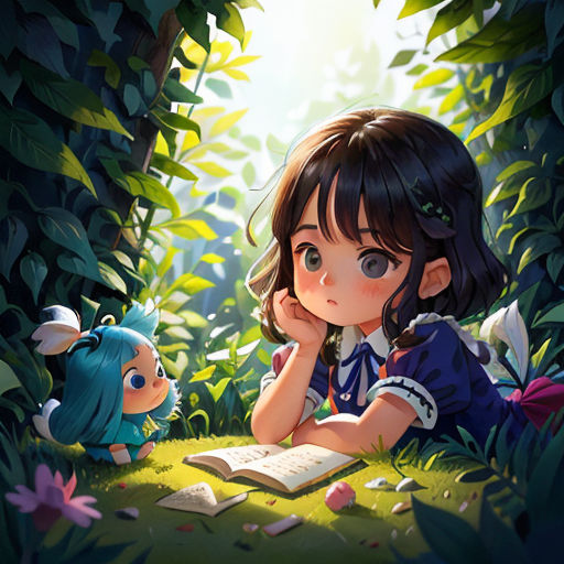 a girl reading a book in the forest with a little girl looking at her book while sitting on the ground