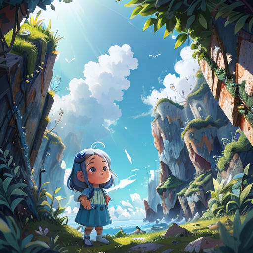 a girl standing in a cave looking at the sky and clouds above her, with a blue dress on