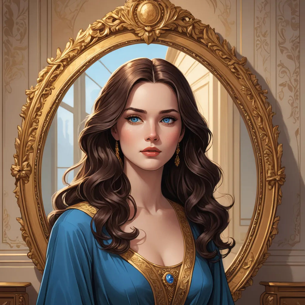 a painting of a woman in a blue dress in front of a mirror with a gold frame around her, fantasy art, a character portrait, Charlie Bowater, fantasy character portrait