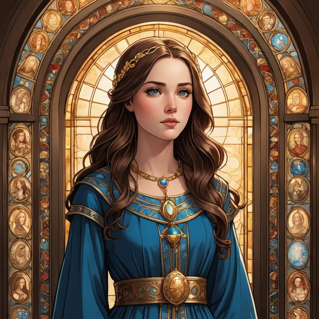 a woman in a blue dress standing in front of a stained glass window with a gold chain around her neck, fantasy art, a detailed painting, Donato Giancola, epic fantasy character art