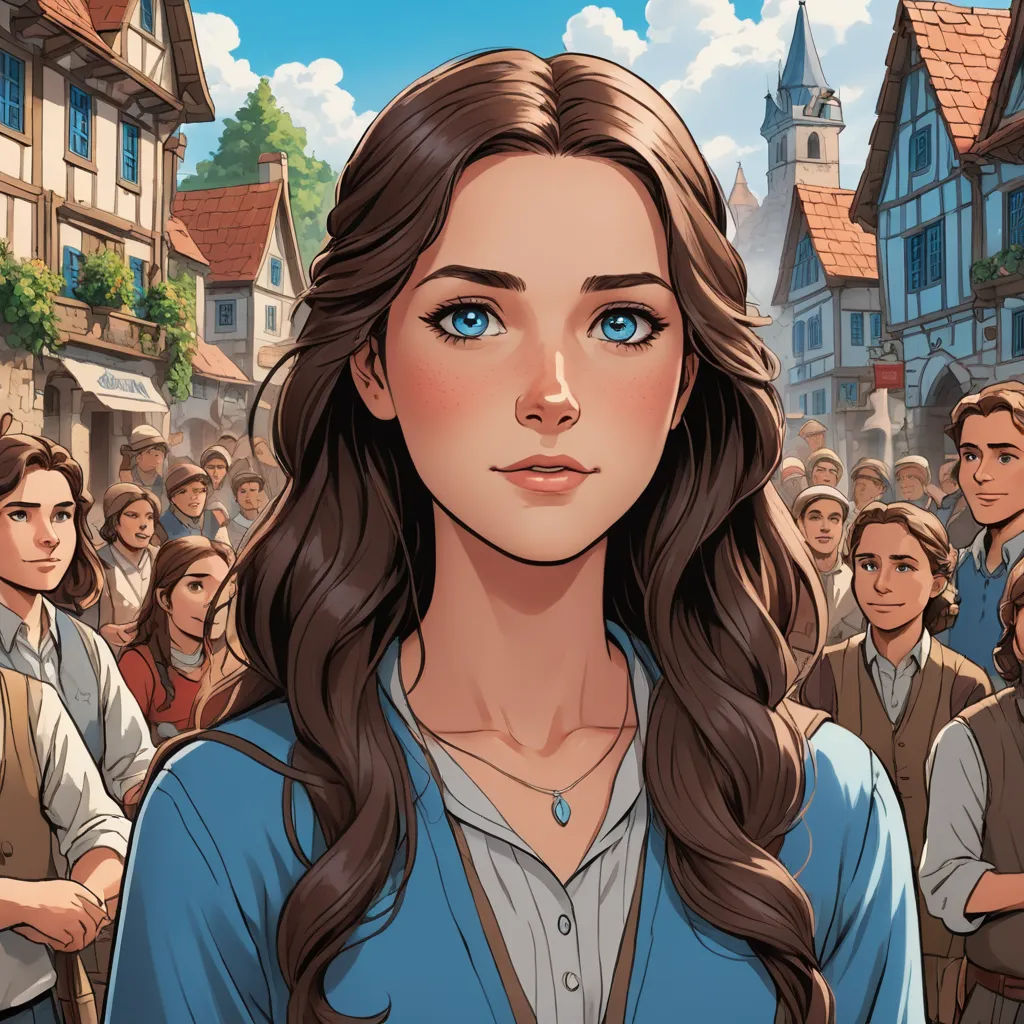 a woman with long hair standing in front of a crowd of people in a town with a clock tower, fantasy art, a comic book panel, Constance Gordon-Cumming, kinkade