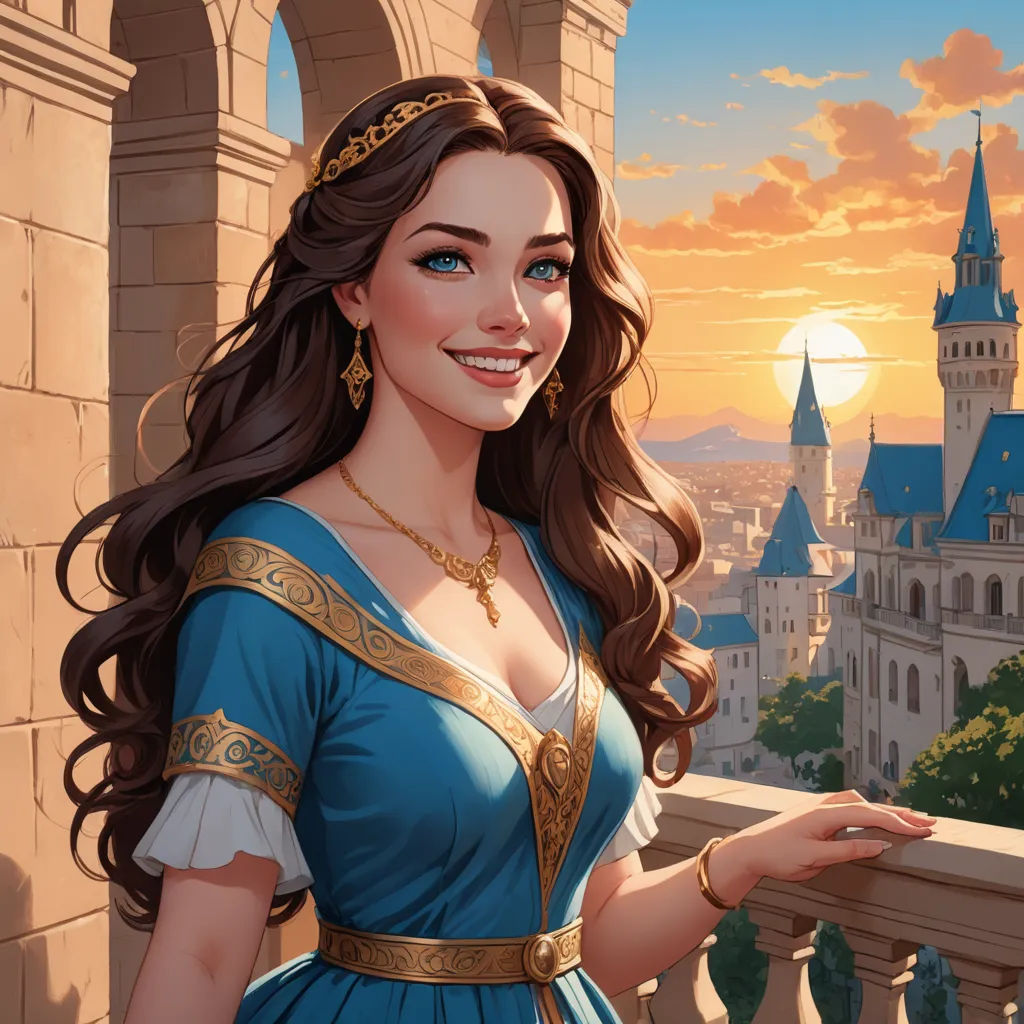 a beautiful woman in a blue dress standing on a balcony with a castle in the background and a sunset, fantasy art, a character portrait, Charlie Bowater, rossdraws global illumination
