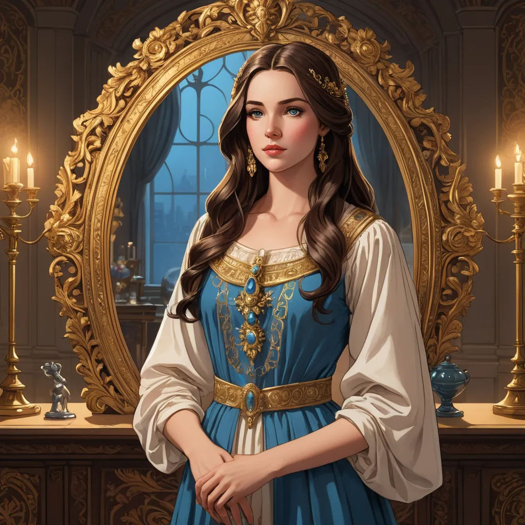a woman in a blue dress standing in front of a mirror with candles in it and a gold frame, fantasy art, a detailed painting, Elizabeth Forbes, game art