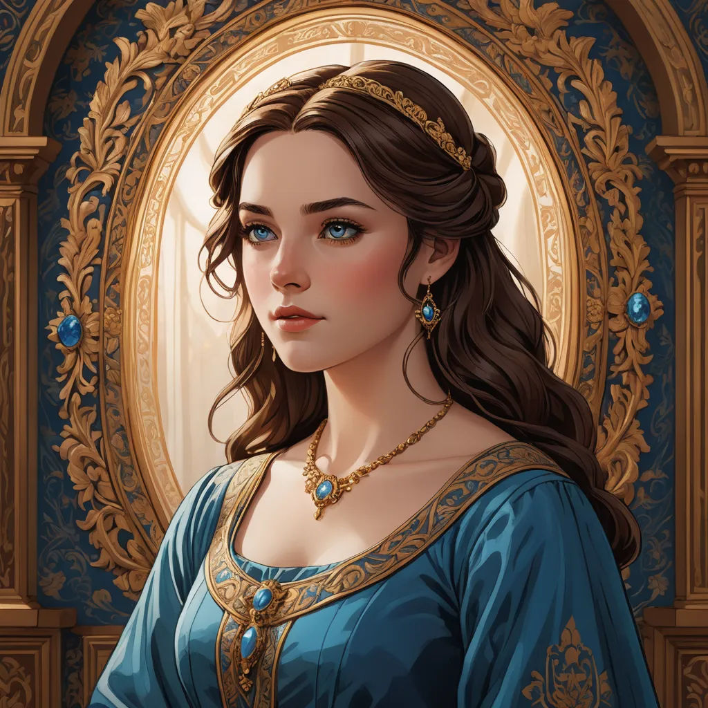 a painting of a woman in a blue dress with a gold necklace and a tiara on her head, fantasy art, a detailed painting, Charlie Bowater, beautiful detailed