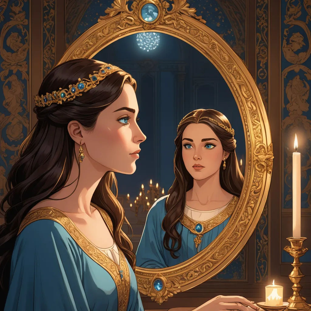 a woman looking at herself in a mirror with a candle in front of her and a candle lit candle in the background, fantasy art, a storybook illustration, Charlie Bowater, reflection