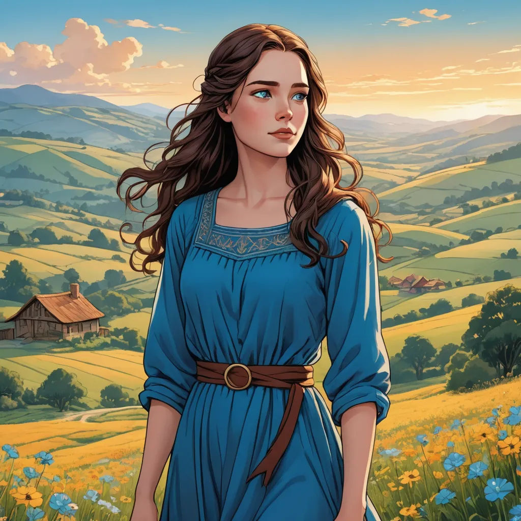 a painting of a woman in a blue dress standing in a field of flowers with a house in the background, fantasy art, a character portrait, Ada Hill Walker, official art