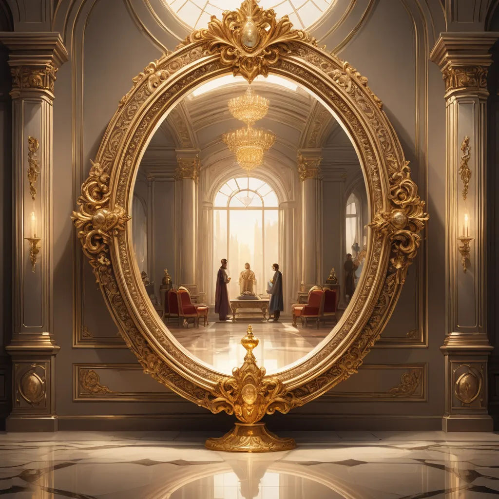 a mirror reflecting a couple in a room with a gold frame and a gold clock on the wall and a gold sculpture in the middle, rococo, a detailed matte painting, Chris LaBrooy, mars ravelo and greg rutkowski