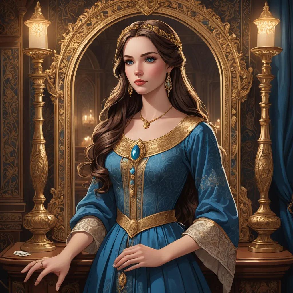 a woman in a blue dress standing in front of a mirror with a candle on it and a gold frame, fantasy art, a detailed painting, Charlie Bowater, beautiful detailed