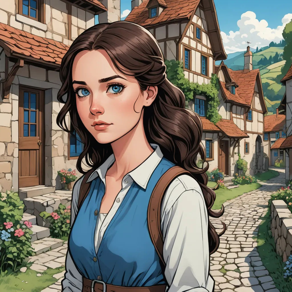 a woman in a blue dress standing in front of a house with a brown roof and a brown belt, fantasy art, a character portrait, Cedric Seaut (Keos Masons), kinkade