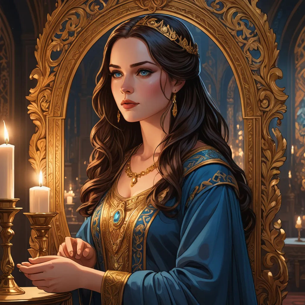 a woman in a blue dress holding a candle in front of a mirror with a gold frame around her, fantasy art, a detailed painting, Charlie Bowater, trending on art station
